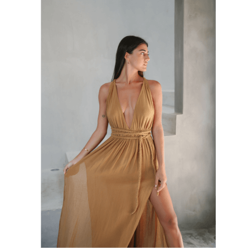 VENUS Peach-Hued Halter Gown / Deep Plunge & Halter Neck / Flowy Slit 100% Cotton Gauze